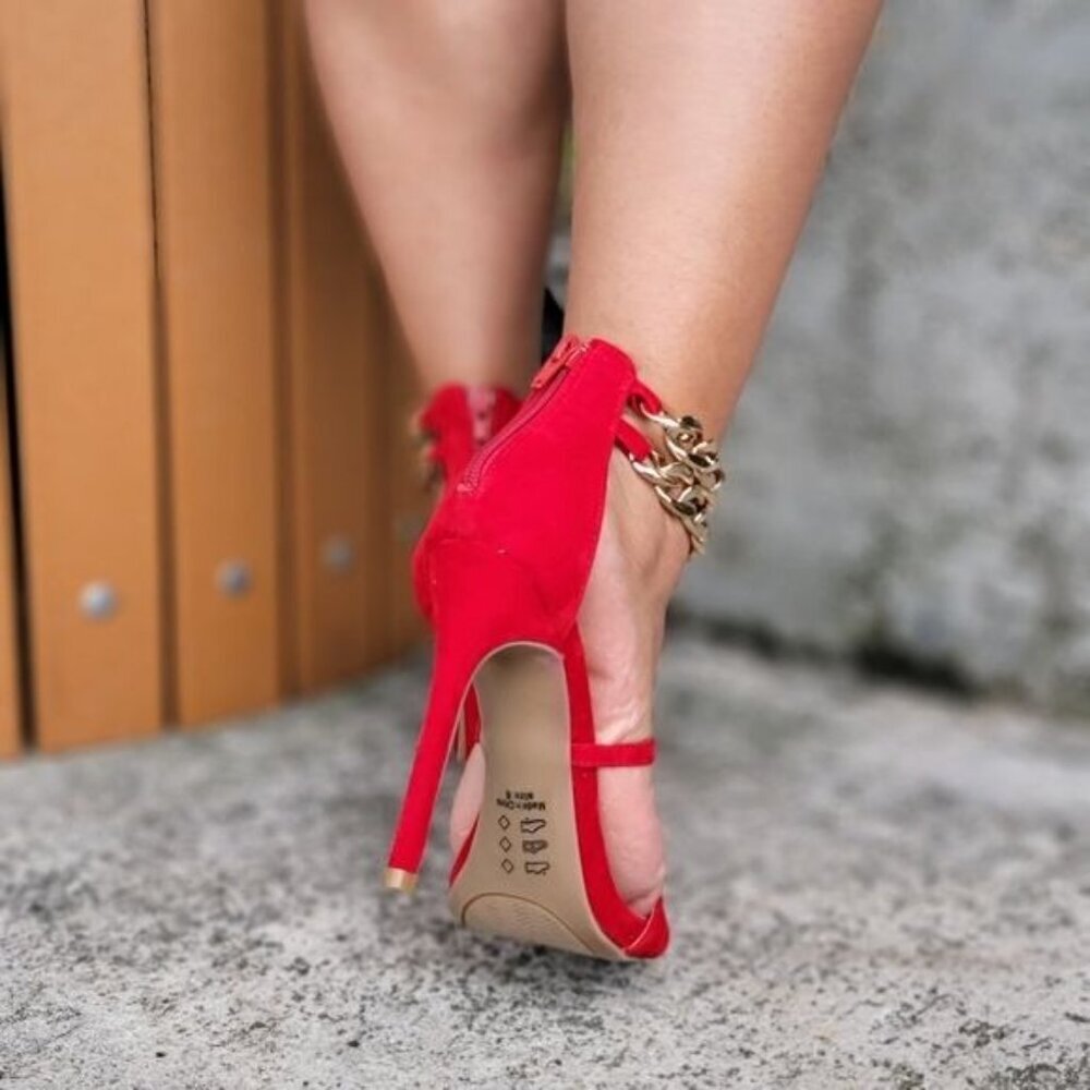 Women's Red Stiletto Two Part Heeled Sandals Rear Zipper Dual Gold Ankle Chain - Picture 5 of 7